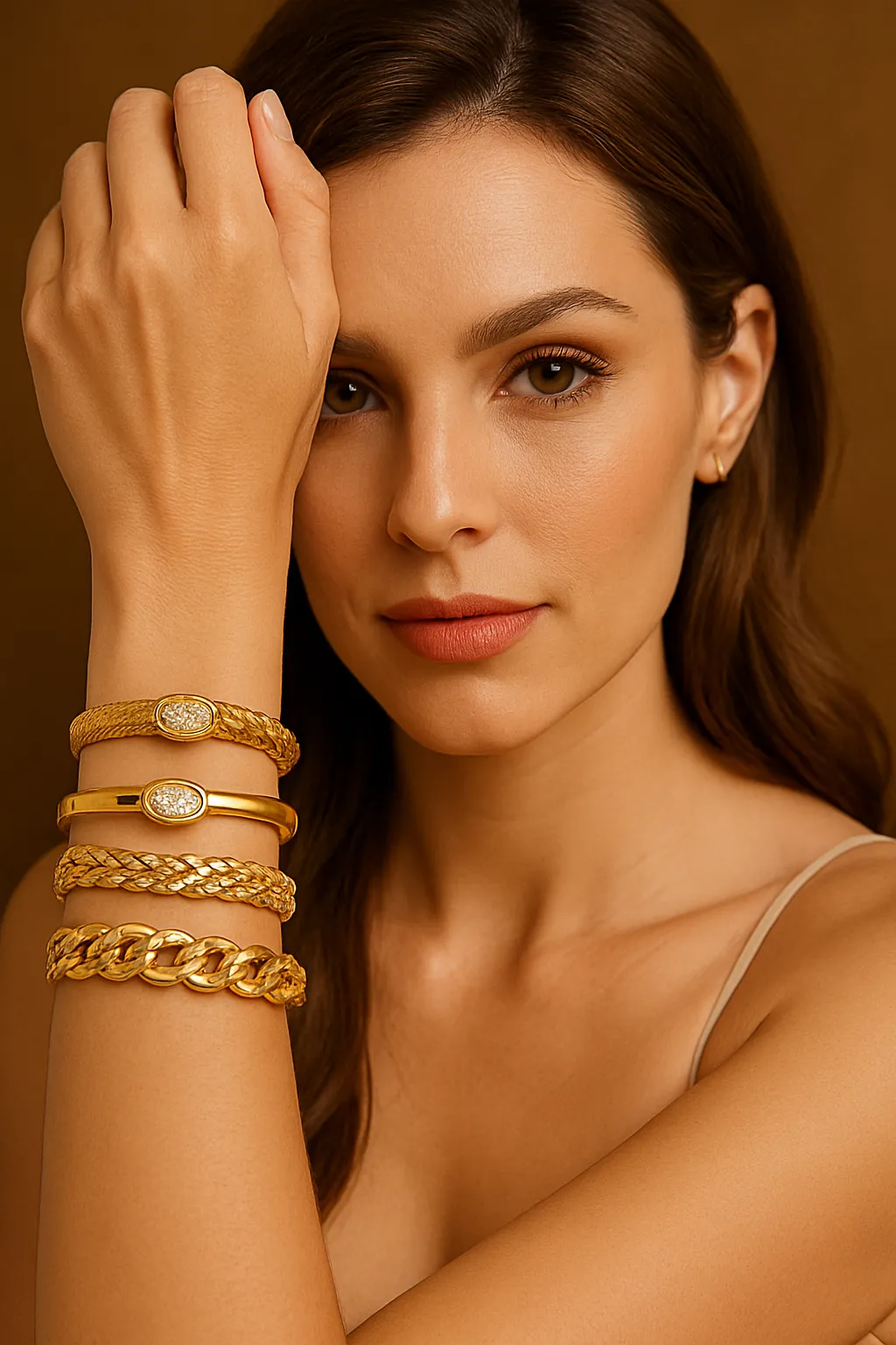 Eine Frau mit Goldene Armbänder